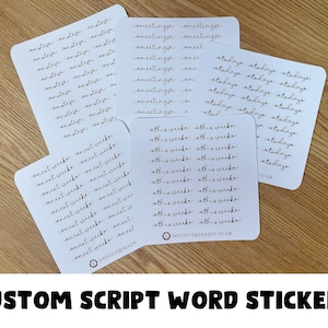 May include: Four sheets of white paper with custom script word stickers. The words on the stickers are "next week", "this week", "today", and "meetings".