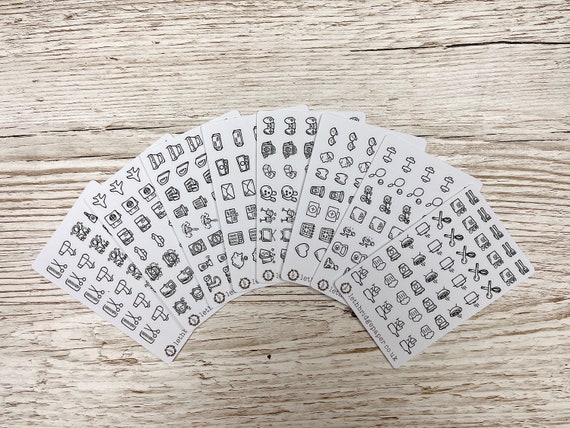 Small Icon Stickers - Clear & White; Hobonichi Stickers; Planner stickers; Food Stickers; Cleaning Stickers; Finance; Fitness