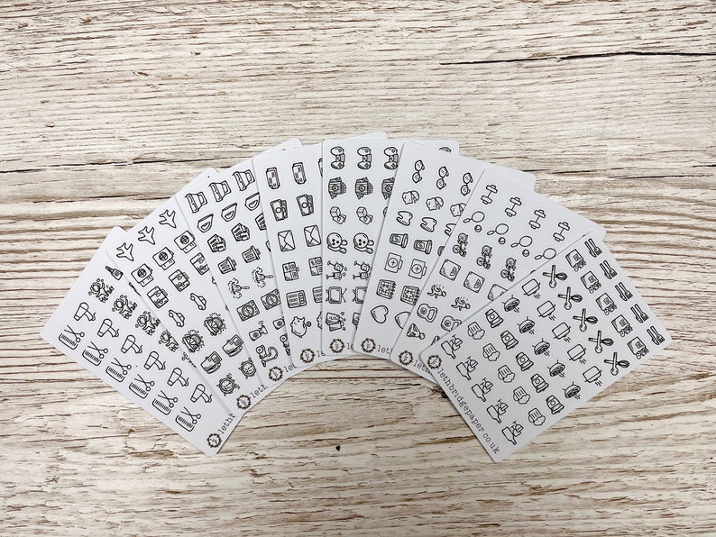 Small Icon Stickers - Clear & White; Hobonichi Stickers; Planner stickers; Food Stickers; Cleaning Stickers; Finance; Fitness image 1