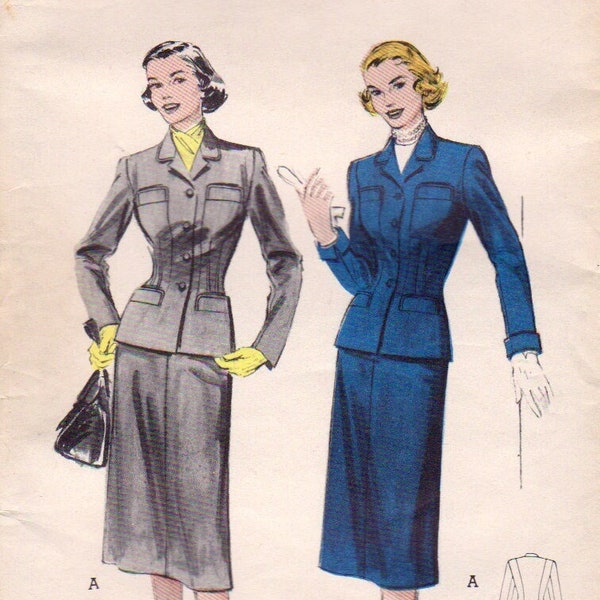 Vintage Women's Tailored Suit Nipped Waist Slim Skirt Butterick 6286 Original 1940s 50s Fitted Jacket Sewing Pattern Size 18 Bust 36 UNCUT