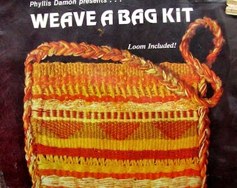 SALE! Shoulder Bag Weaving Kit with Loom Phyllis Damon WEAVE A BAG Hand Woven Yellow Orange Learn to Weave Fiber Art & Craft Ethnic Boho Bag