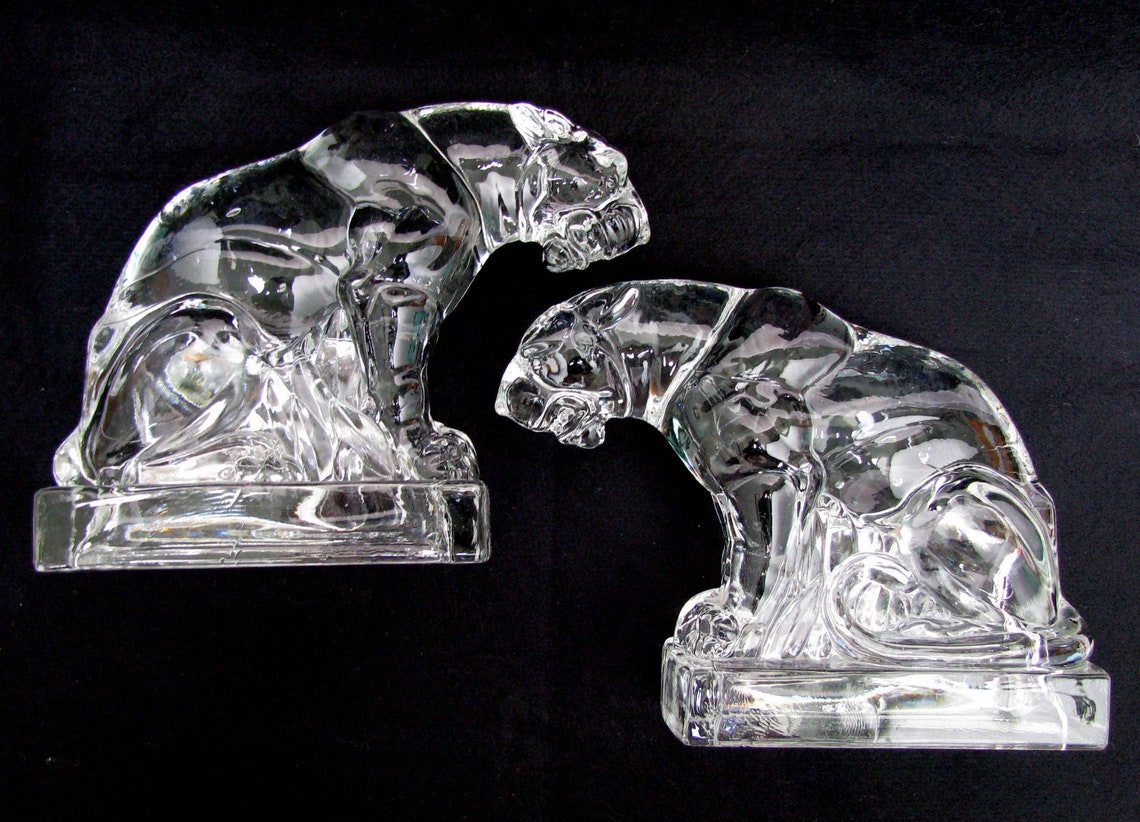 New Martinsville Glass Company Tiger Bookends Figurines Pair Etsy