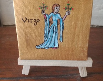 Astrology small picture painting signs of the zodiac on canvas with mini easel.