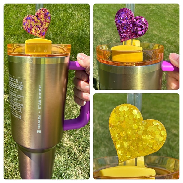 Straw Topper Heart Purple Yellow Glitter Shiny Studded Cup Tumbler Toppers