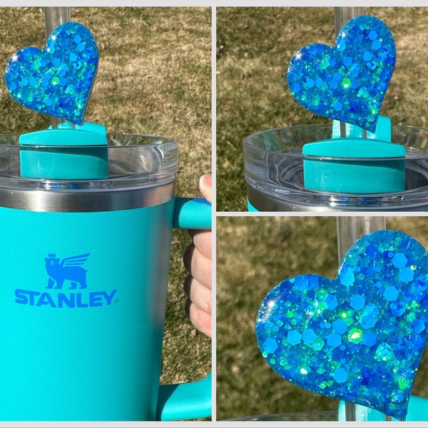 Straw Topper Heart Aquamarine Blue Glitter Shiny Studded Cup Tumbler Toppers
