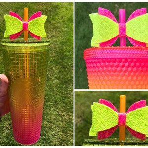 Bow Straw Topper Yellow Pink Mango Sunset Cup Studded Grid Glitter Tumbler Toppers 2022 Faux Leather Fabric