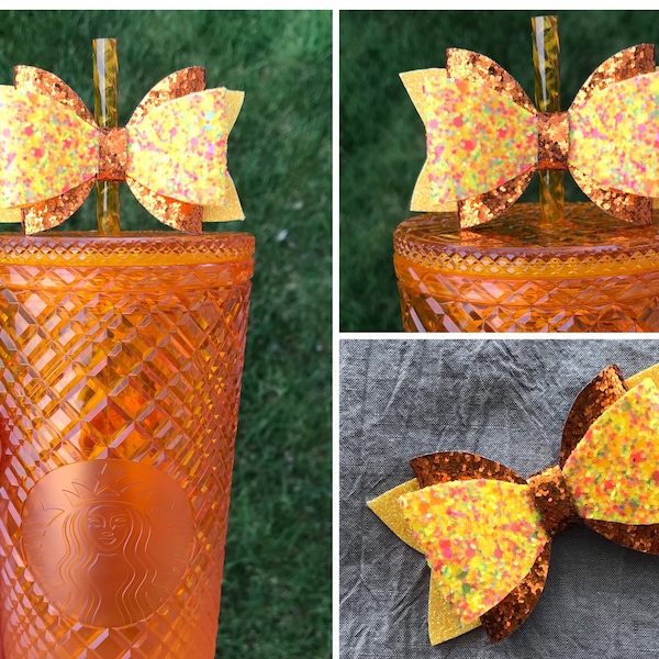 Bow Straw Topper Orange Yellow Jewel Cup Studded Glitter Tumbler Toppers 2022 Gem Faux Leather Fabric