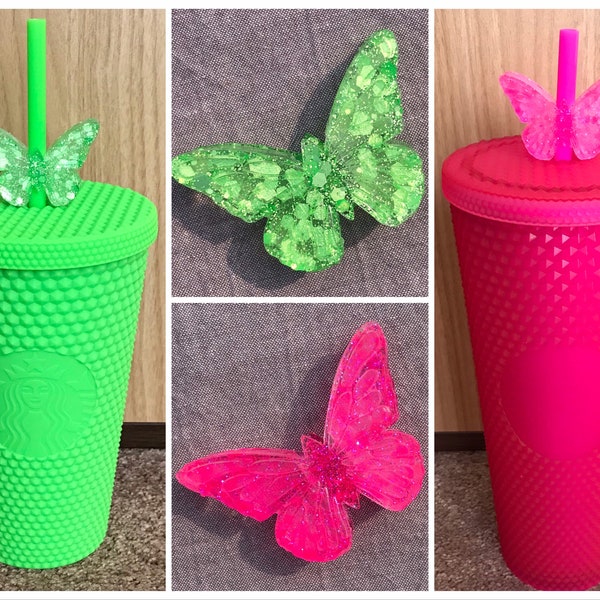 Straw Topper Butterfly Neon Hot Pink Neon Green Glitter Shiny Cup Studded Tumbler Toppers