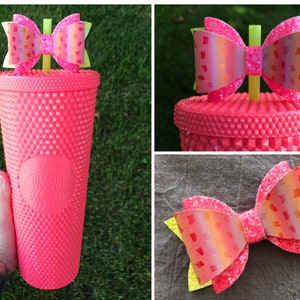 Bow Straw Topper Pink Dragonfruit Yellow Glitter Bows Cup Stainless Tumbler Toppers 2022 Faux Leather Fabric