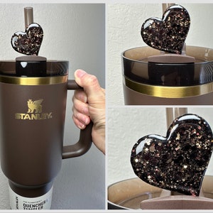 Straw Topper Heart Chocolate Brown Gold Glitter Shiny Studded Cup Tumbler Toppers Dark
