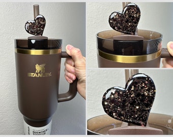 Straw Topper Heart Chocolate Brown Gold Glitter Shiny Studded Cup Tumbler Toppers Dark