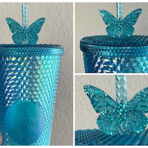 Straw Topper Butterfly Teal Turquoise Blue Bling Glitter Shiny Cup Studded Tumbler Toppers Ombre