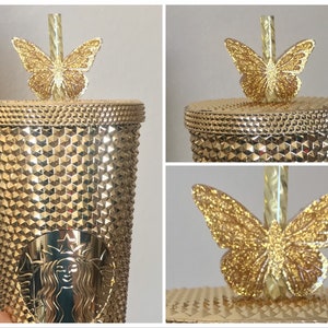 Straw Topper Butterfly Gold Bling Glitter Shiny Cup Studded Tumbler Toppers