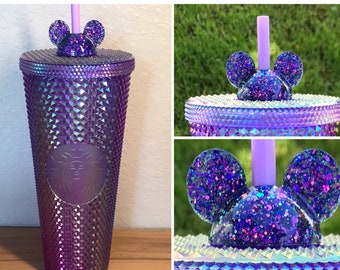 Straw Topper Mouse Ears Glitter Shiny Studded Cup Purple Iridescent Oil Slick Tumbler Toppers Chroma