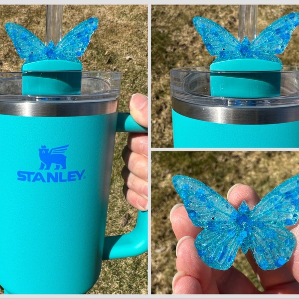 Straw Topper Butterfly Aquamarine Blue Glitter Shiny Cup Tumbler Toppers