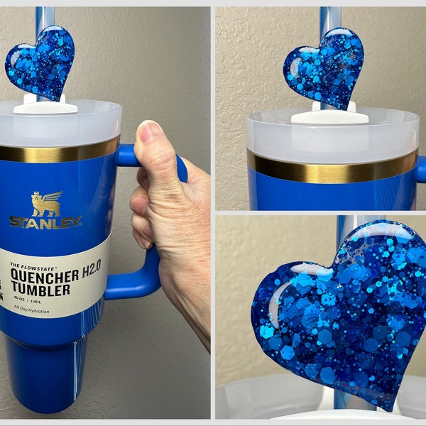 Straw Topper Heart Blue Arctic Glitter Shiny Studded Cup Tumbler Toppers Dark Royal