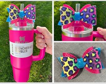 Bow Straw Topper Pink Blue Leopard Rainbow Glitter Studded Tumbler Cup Toppers