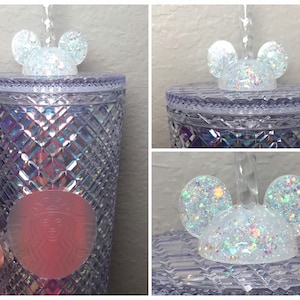 Straw Topper Mouse Iridescent White Glitter Shiny Studded Cup Tumbler Toppers