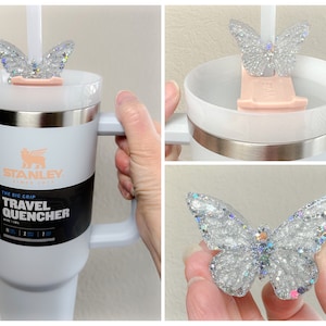 Straw Topper Butterfly Iridescent Holographic Silver Bling Glitter Shiny Cup Tumbler Toppers