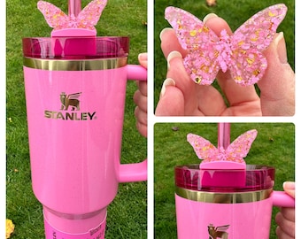 Straw Topper Butterfly Pink and Gold Glitter Shiny Cup Tumbler Toppers