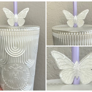 Straw Topper Butterfly White Pearl Shiny Cup Studded Tumbler Toppers Scales