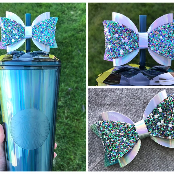 Bow Straw Topper Chunky Gray Blue Glitter Bows Cup Bling Tumbler Toppers Faux Leather Fabric Oil