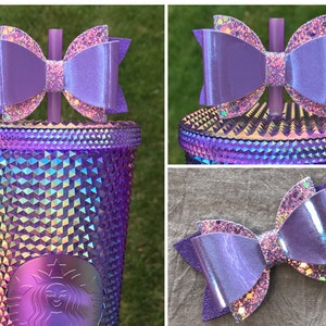 Bow Straw Topper Purple Iridescent Oil Slick Cup Studded Glitter Tumbler Toppers Faux Leather Fabric Chroma