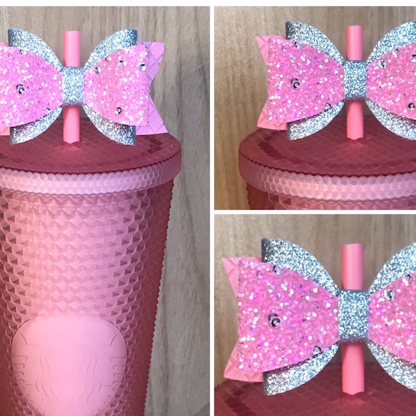 Bow Straw Topper Pink Silver Glitter Bows Shiny Cup Studded Valentines Tumbler Toppers 2022 Hearts Faux Leather Fabric