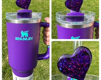 Straw Topper Heart Deep Dark Purple Glitter Shiny Studded Cup Tumbler Toppers Dark