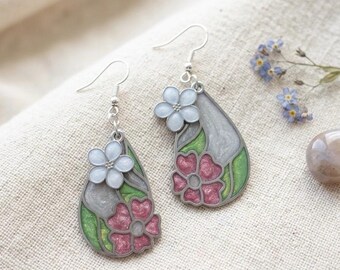 Handcrafted Resin Earrings with Flowers, Colorful Garden Jewelry, Double Sided Mirrored Teardrops, Lightweight Reversible Dangles