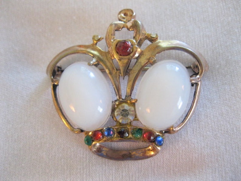 Vintage Moonstone Crown Pin Sterling Silver With Gold Wash image 1