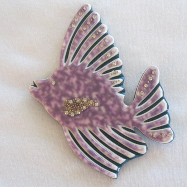 large Vintage Angel Fish Pin With Rhinestones And Gold Metal Beads