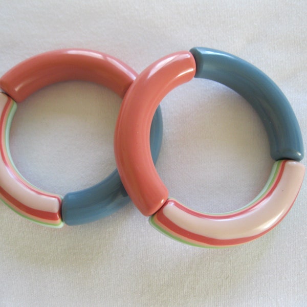 A Pair Of French Designed Colorful Resin Stretch Bracelets By Marion Godart