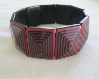 Red And Black Geometric Stretch Bracelet By French Designer Lea Stein