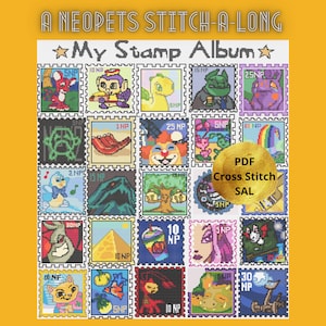 May include: A colorful cross stitch pattern featuring a collection of Neopets stamps. The pattern includes a variety of Neopets characters, including a Kiko, a Chia, a Pteri, and a Uni. The pattern is titled "My Stamp Album" and is available as a PDF download.