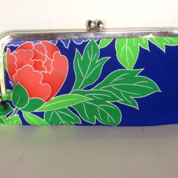 Vintage Resist Dyed JAPANESE KIMONO SILK Floral Blue, Peach and Green Silk Clutch Purse with Blue Silk Lining
