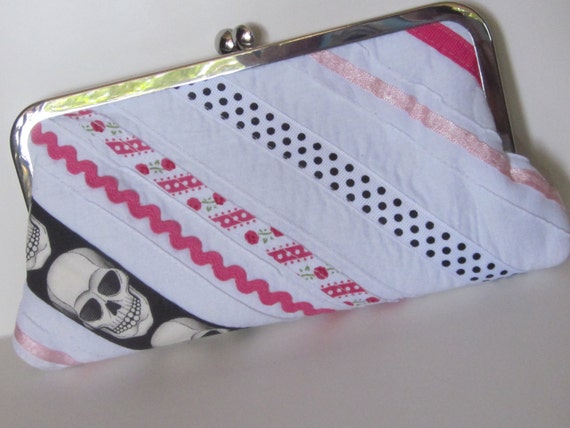 Skeleton Motif Clutch Purse-MOD Pink & Black Diag… - image 1