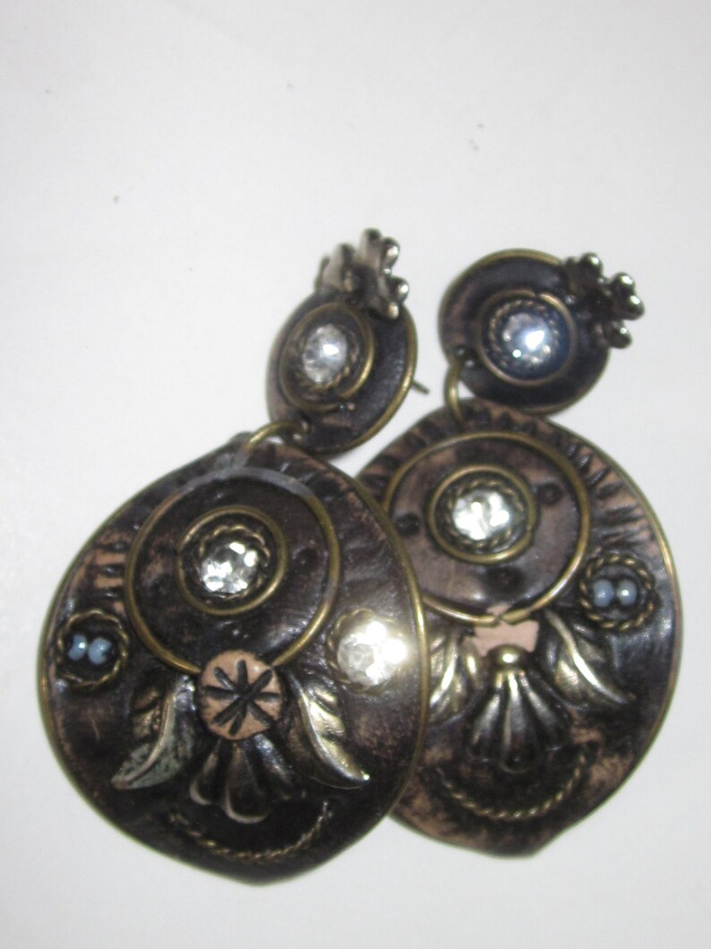 Vintage Steampunk Renaissance Style Drop Earrings-Vintage 50/'s Drop Post Earrings-Floral Rhinestone Pattern on Embossed Bronze