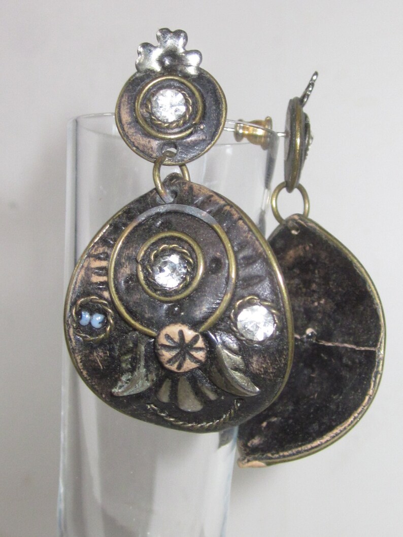 Vintage Steampunk Renaissance Style Drop Earrings-Vintage 50/'s Drop Post Earrings-Floral Rhinestone Pattern on Embossed Bronze