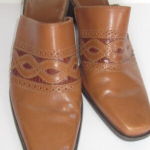 Vintage Woven Leather Mules: Brown Square Toe Slip-ons, Size 7.5