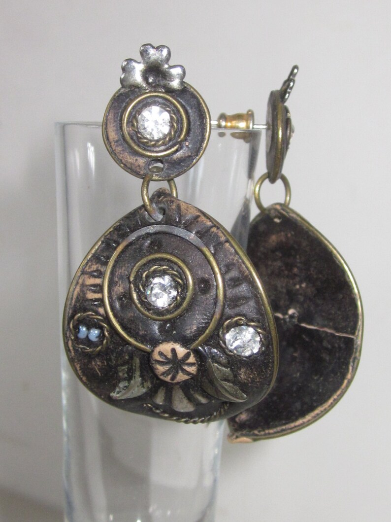 Vintage Steampunk Renaissance Style Drop Earrings-Vintage 50/'s Drop Post Earrings-Floral Rhinestone Pattern on Embossed Bronze