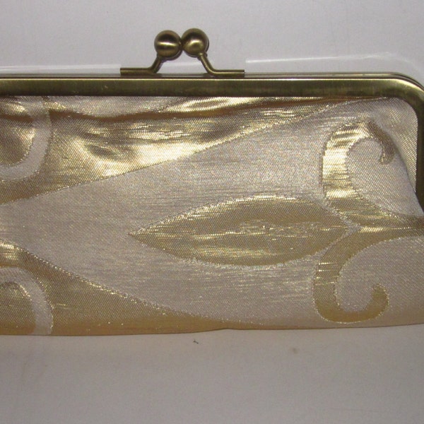 Japanese Obi Silk Kiss Lock Evening Clutch - Beautiful Chevron Pattern Embossed with Gold Leaf Thread Ivory Silk Lining