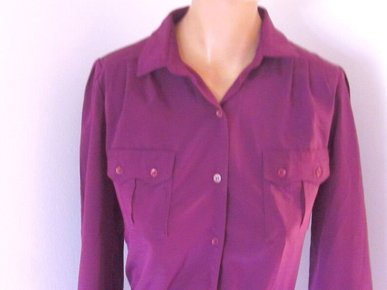 Retro SASSOON SHIRTWAIST DRESS 80/'s Rich Maroon Polyester Secretary Sophisticated Dress 34 Sleeves Front Tab Pockets Back Pleat Full Skirt