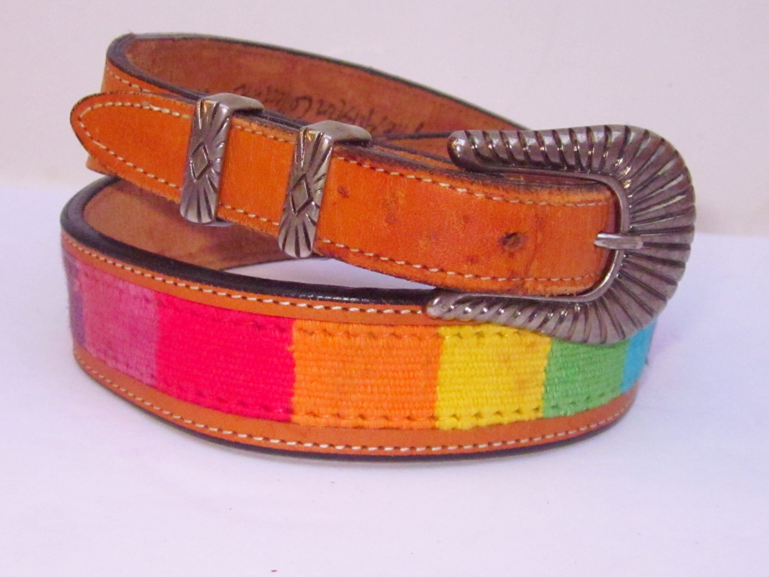 Vintage Saddle Tan Leather Belt: Guatemalan Rainbow Woven  display picture 1