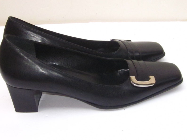 Vintage ETIENNE AIGNER Black Leather Silver Buckle Square Toe Detail ...