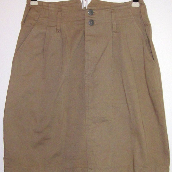 80's Khaki Cotton Twill High Waist Vintage Mini Skirt-Large Belt Loops Double Button Front Side Slits & Slash Pockets