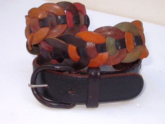 Vintage 80's LOOP LEATHER BELT- Woven/Linked Leat… - image 1