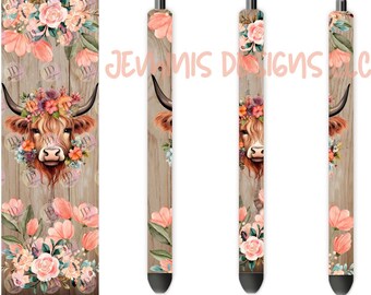 Highland cow pen wrap [PNG] Digital File| peach cow png| highland cow print pen wrap |floral png/ wood background png| non transparent