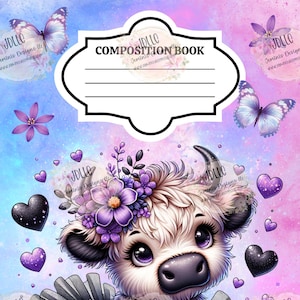 Puede incluir: Cuaderno de composición con un diseño caprichoso que presenta una vaca de las Tierras Altas de dibujos animados adornada con flores moradas y un tutú negro. La portada incluye mariposas, corazones y el texto "COMPOSITION BOOK". El fondo es una mezcla de rosa y azul.