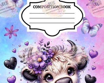 Composition Notebook PNG digital file 5 editable template bundle.  Canva Editable template- Cute Purple Highland ballerina cow design